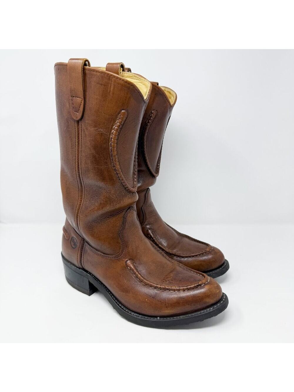 Vintage Double-H Brown Leather Western Boots Men's Size 8 EUC Pull On Cowboy